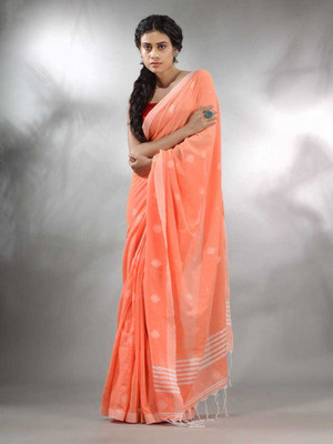 SAYAN CREATION Self Design Handloom Pure Cotton Saree(Orange)