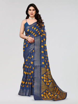 Moda Rapido Printed Bollywood Cotton Blend Saree(Yellow, Blue)