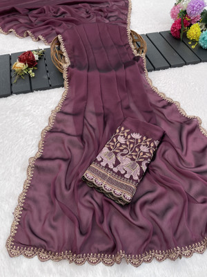K 5 FASHION Embellished, Solid/Plain Bollywood Georgette Saree(Brown)