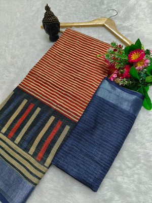 PRTRENDZ Woven Kanjivaram Pure Cotton, Cotton Linen Saree(Orange, Black)