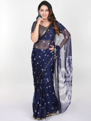 Xclusive Designer Printed Bandhani Chiffon Saree(Dark Blue)