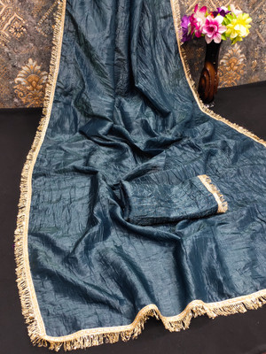 THE URBAN DIVA Solid/Plain Bollywood Pure Silk Saree(Dark Blue, Gold)