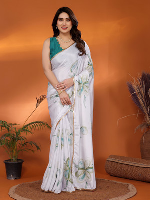 Divastri Floral Print Paithani Chiffon, Muslin Saree(Green, White)