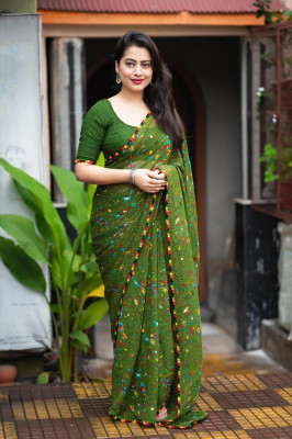 vdc Self Design Kalamkari Georgette Saree(Green, Multicolor)