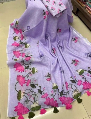 Myraani Printed Handloom Cotton Linen Saree(Purple)