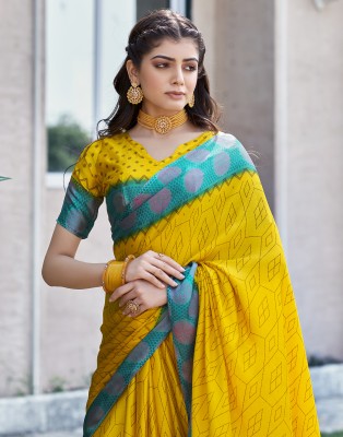 Samah Geometric Print Daily Wear Art Silk Saree(Yellow, Blue)