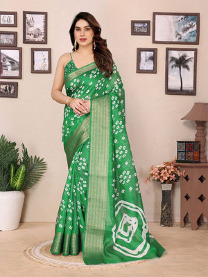 Moda Rapido Printed Bandhani Cotton Blend Saree(Green)