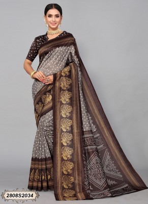 Grubstaker Printed Assam Silk Art Silk Saree(Brown)