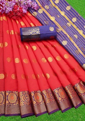 Gold Art Fashion Woven Kanjivaram Jacquard, Pure Silk Saree(Red)