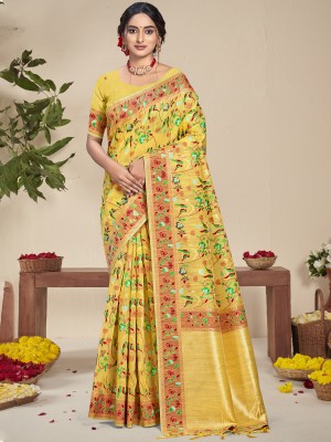 BUNAWAT Self Design Handloom Silk Blend Saree(Yellow)