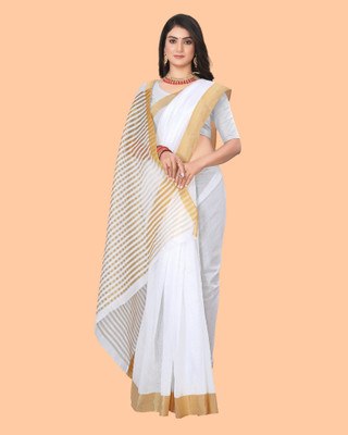 shree laxmi Woven Kasavu Pure Cotton Saree(White)