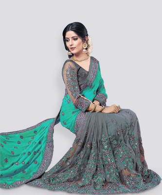 b bella creation Embellished Bollywood Net Saree(Light Green, Grey)