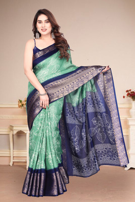 BilloRani Printed Bollywood Art Silk, Silk Blend Saree(Blue)