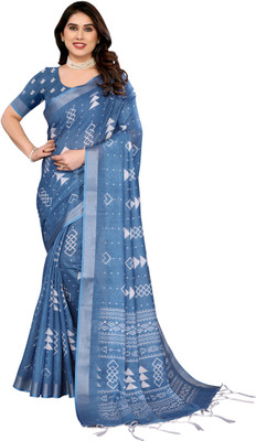Myraani Floral Print Daily Wear Cotton Linen Saree(Dark Blue)