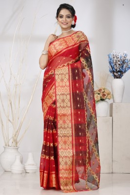 PuJoy Embellished Tant Pure Cotton Saree(Red)