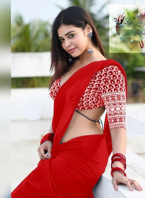 GRIFEZ Solid/Plain Bollywood Georgette Saree(Red)