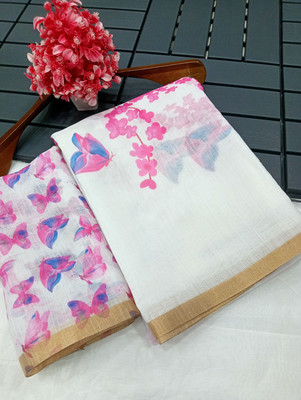 HouseOfCommon Printed Kanjivaram Pure Cotton, Cotton Linen Saree(White, Pink)
