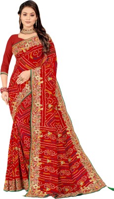 TINA FASHION Printed Bandhani Georgette Saree(Red, Yellow)