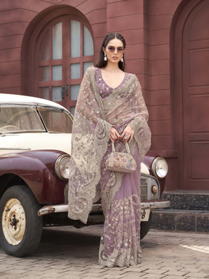 Tikhi Imli Embroidered Saree with Attached Blouse Net Saree(Pink)