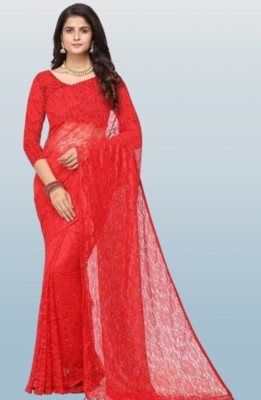 SwiftStyle Solid/Plain Bollywood Net Saree(Red)