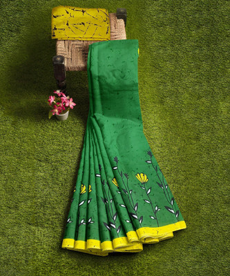 LOVWEAR Floral Print Daily Wear Pure Cotton Saree(Dark Green)