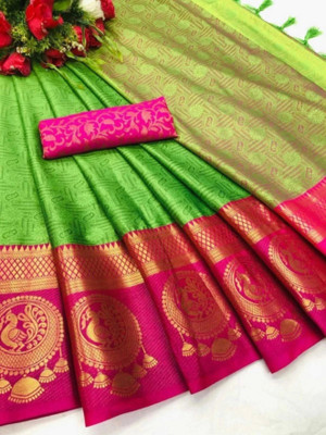 Bollytrend Printed Bollywood Georgette Saree(Light Green, Pink)
