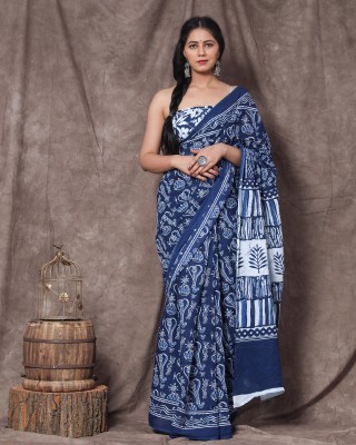 Jaipuri Print Blocked Printed, Color Block, Dyed, Floral Print, Printed Daily Wear Pure Cotton Saree(Blue)