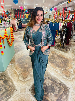 nilormy Embroidered Stitched Lehenga with Jacket(Purple, Light Blue)