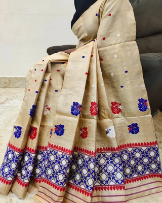 GLOBALSENTERPRISE Woven, Floral Print Mekhela Chador Cotton Blend Saree(Beige)