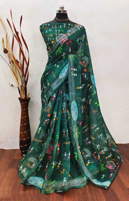 KHANUDI Digital Print Bollywood Handloom Cotton Linen Saree(Green)