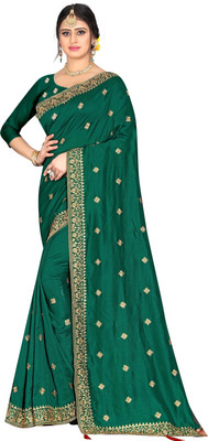 fFASHION Embroidered Daily Wear Pure Silk, Silk Blend Saree(Dark Green)