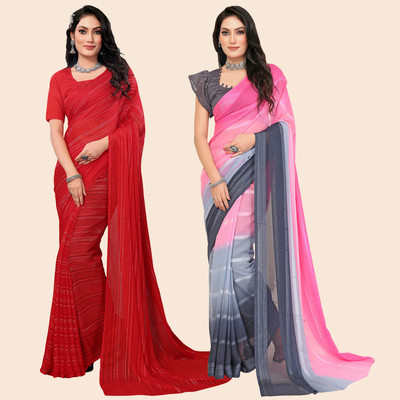 Anand Sarees Striped Bollywood Satin Saree(Pack of 2, Pink, Grey, Red)