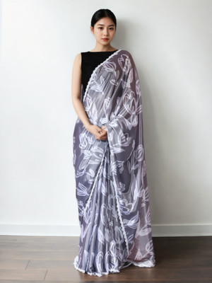 Sangria Floral Print Bollywood Silk Blend Saree(White, Grey)