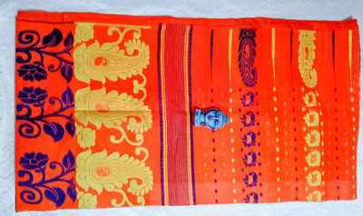 PalEcommerce Printed, Floral Print, Woven Jamdani Cotton Blend Saree(Orange, Gold, Blue)