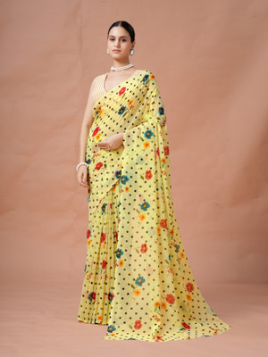 GARDEN VARELI Polka Print, Floral Print Bollywood Georgette Saree(Yellow)
