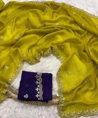 VAIDEHEE ENTERPRISE Embroidered Bollywood Chiffon Saree(Yellow)