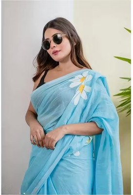 PRANJAL ART Floral Print Bollywood Cotton Linen Saree(Light Blue)