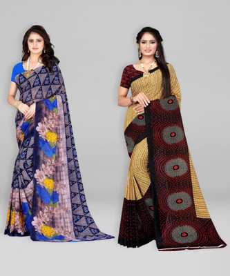 Leelavati Printed Daily Wear Georgette Saree(Pack of 2, Blue, Beige)