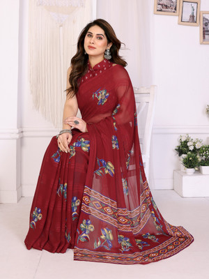 Karnav Fashion Floral Print, Self Design, Striped Bollywood Chiffon, Georgette Saree(Maroon)