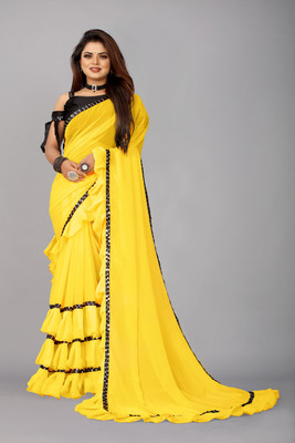 Maruti Creation Self Design, Solid/Plain, Digital Print, Dyed Bollywood Georgette, Chiffon Saree(Yellow)