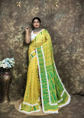 DRAPERIA Woven Jamdani Cotton Silk Saree(Yellow)