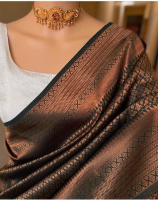 Bansari Textiles Woven Kanjivaram Cotton Silk Saree(Brown)