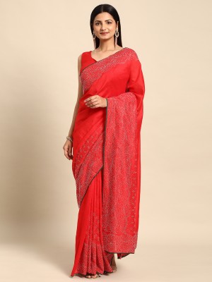 HERE&NOW Applique Bollywood Cotton Blend Saree(Red)