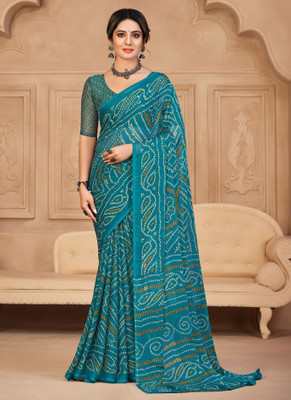 SainiVastra Printed Bandhani Chiffon Saree(Light Blue)