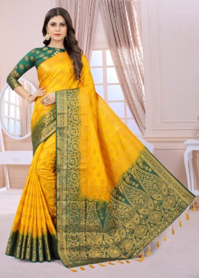 Shopwell Woven Kanjivaram Cotton Silk Saree(Yellow)