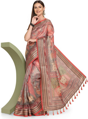 kaizen texo fab Digital Print Kalamkari Linen Saree(Multicolor)
