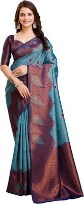 The Style Sanctuary Printed Banarasi Silk Blend Saree(Magenta, Black)