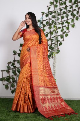 Keswi Fab Embellished, Applique, Self Design, Woven Patola Art Silk Saree(Orange)