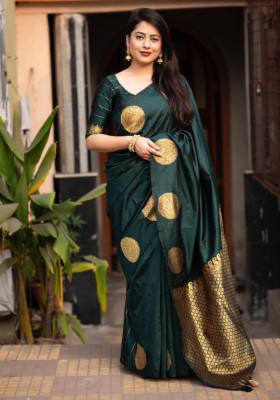 ROOP LAVANYA Woven Kanjivaram Pure Silk, Art Silk Saree(Dark Green)