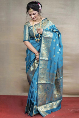Zinsy Creation Woven Banarasi Jacquard Saree(Light Blue)